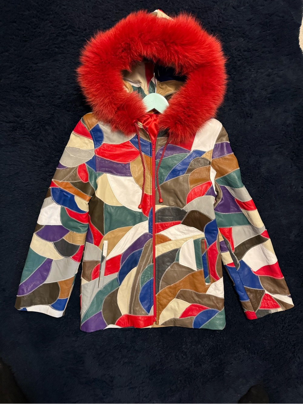 SHOWSTOPPER! Vintage Leather Patchwork Hooded Jacket with Red Fur Trim. Pristine